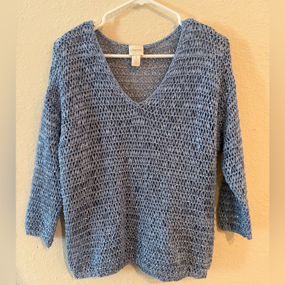 Chico's Blue Open-Knit Pullover Sweater V-Neck 3/4 Sleeve Size 1